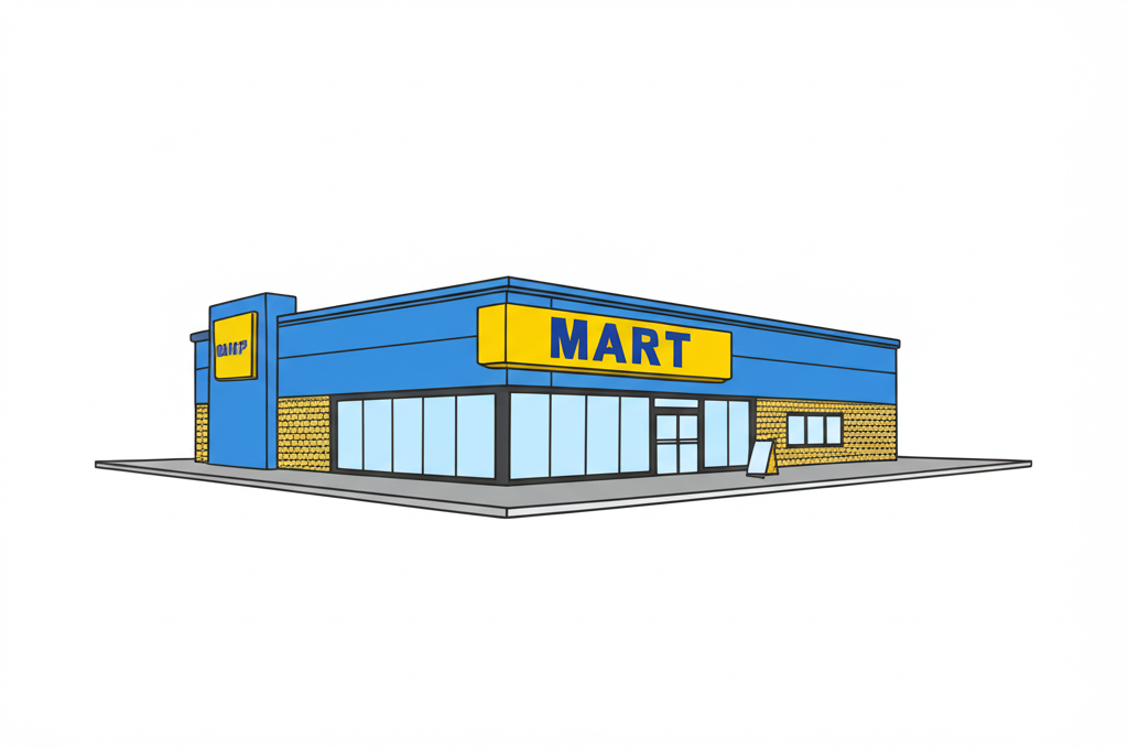 Modern convenience store with blue and yellow branding